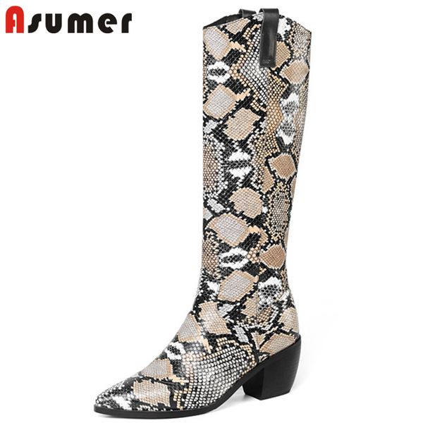 

asumer 2020 big size 46 knee high boots women snake pointed toe slip on western boots square heels autumn winter shoes woman, Black
