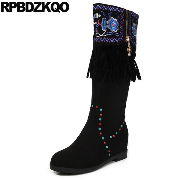 

высота увеличение вышитые вышивки клин knee high black женщины пятки stud rivet fringe side zip boots vintage обувь раунд