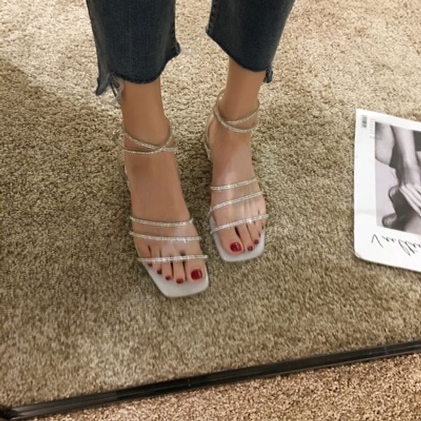 

fairy style sandals female 2020 new summer fashion transparent rhinestone thick with a word buckle women's shoes tide, Black