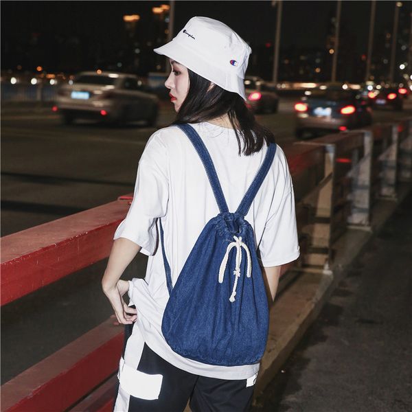 

womens denim drawstring backpack bag ladies large capacity denim casual travel bags female fashion backpack