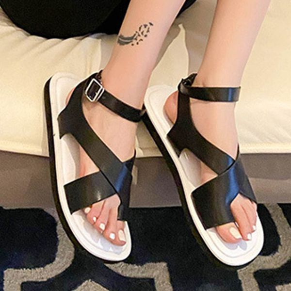 

mixed color clip toe gladiator sandals women summer ins shoes women flipflops buckle band sandales cross band flat sandalias2020, Black