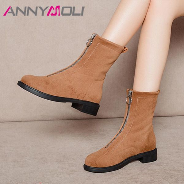 

annymoli med heel ankle boots woman boots round toe block heel shoes zip ladies short autumn winter black gray big size 40