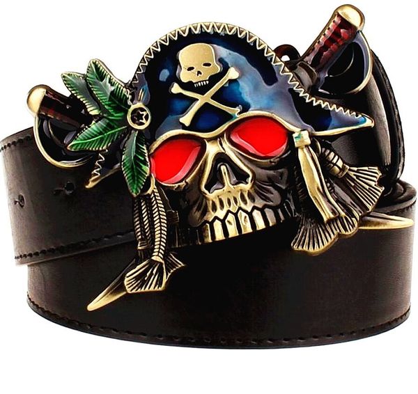 

fashion new men's leather belt metal buckle colored pirate knife belts punk rock exaggerated skull pirate belt hip hop04, Black;brown