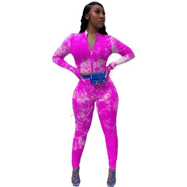 

autumn designers women's two piece clothing set tie-dye tracksuit zipper jackets coat crop leggings pants outfits casual bodysuit d9105, White