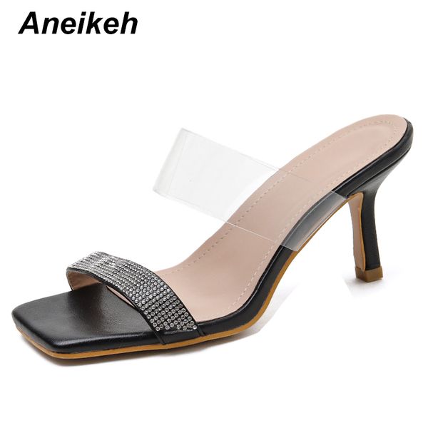 

aneikeh 2020 summer women sandal crystal pvc square head slippers thin high heel slides fashion outdoor slip on slipper mules, Black