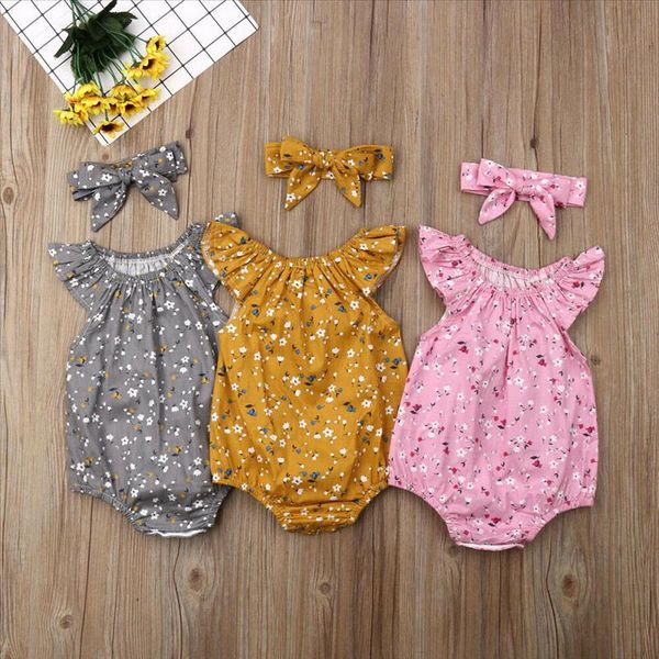 

2019 children summer clothing newborn infant baby girl clothes sleeveless floral bodysuit headband 2pcs jumpsuit playsuit outfit, Blue