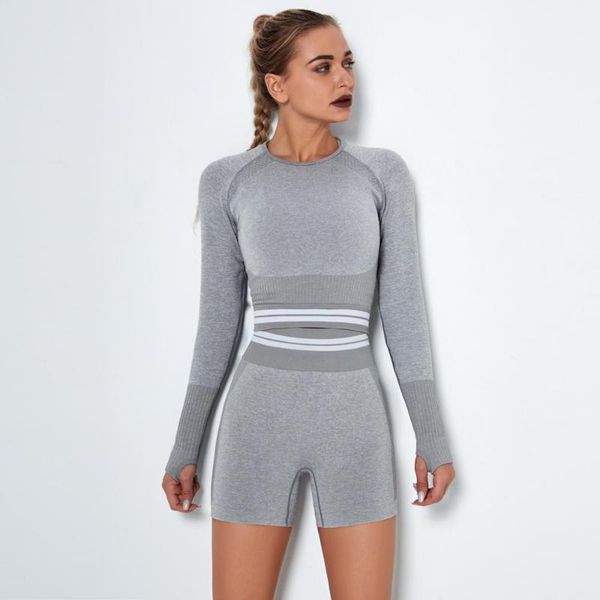 

push up seamless set women long sleeve sets high waisted yoga leggings workout clothes gym clothing shorts crop 2pcs, White;red