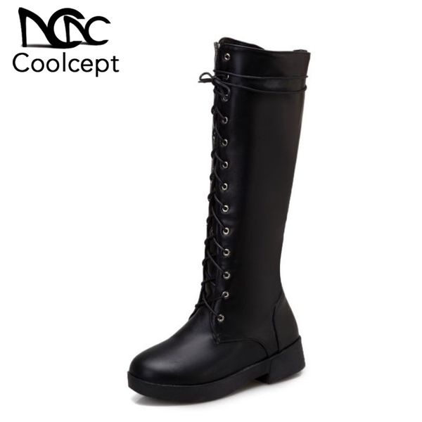 

coolcept women knee high boots fashion zipper cross strap knight shoes women autumn winter warm fur flats boots size 34-43, Black
