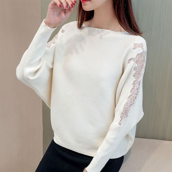 

women's sweaters women loose batwing knitted pullover lace decoration 2021 autumn striped with holes pullovers fashion jumper, White;black