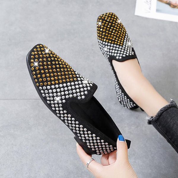

women flats shoes 2020 fashion rhinestone loafers slip on flat shoes women square toe casual female flats zapatos de mujer, Black