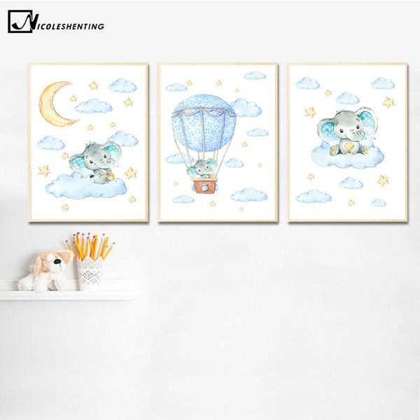 

watercolor elephant cartoon animal poster and print nursery wall art picture canvas painting nordic style kid bedroom decoration