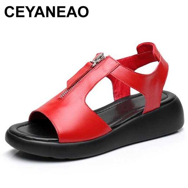 

ceyaneaonew fish mouth genuine leather sandals women sandals plussize summer fashion comfortable soft women casualsandal, Black
