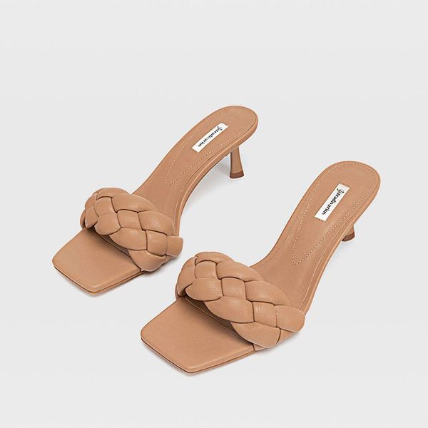 

boussac solid weaving gingham slippers women square open toe high heel sandals women thin heel designer shoes slides, Black