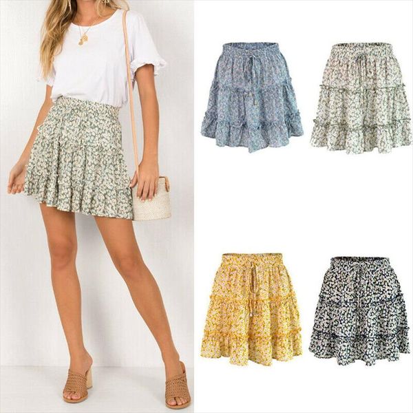 

ladies skirt women summer boho high waist ruffle floral print beach short skirts drop shipping, Black