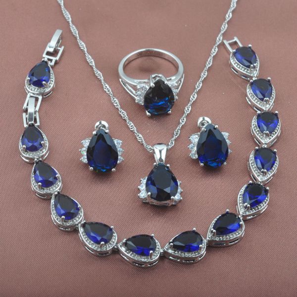 

women's wedding jewelry blue zirconia water drop jewelry sets necklace earrings rings bracelet gift box yz0255, Silver