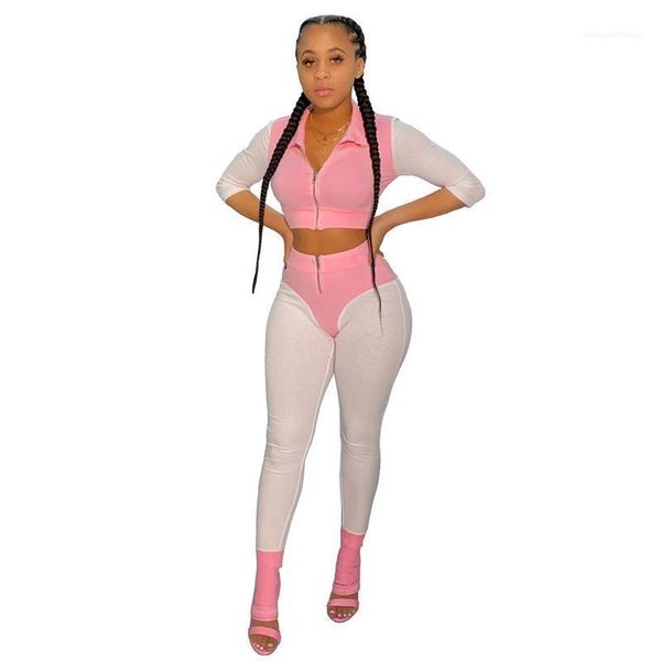 

clothing half sleeve skinny ladies sports suits spring womens patchwork tracksuits contract color lapel neck female, Gray