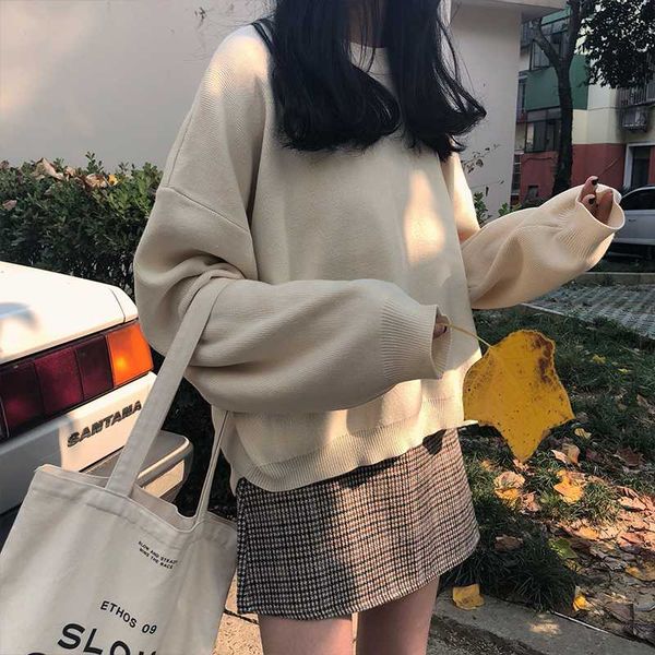 

women's sweaters 6 colors korean solid color knitted women basic long sleeve loose front short back sweater female (x959), White;black