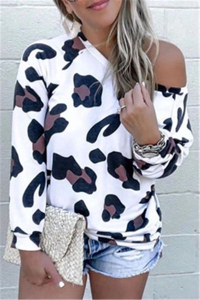 

дизайнер женский шею топ tshirt одежда дамы leopard с длинным рукавом футболки летняя мода темперамент тонкий вскользь без бретелек tee, White