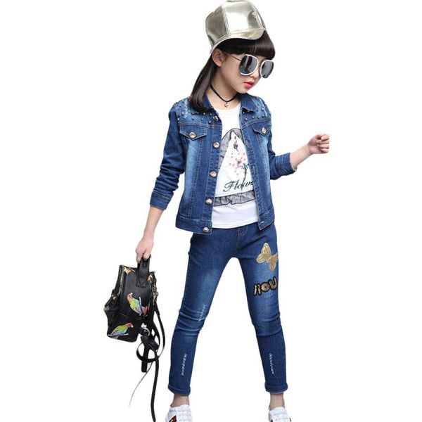 

kids clothes girls denim jacket + jeans + t-shirt 3 pcs suit for girls butterfly sequined clothing fall casual suits, White