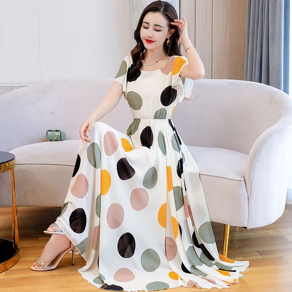 

office lady long chiffon dress women short sleeve big swing polka dot summer dresses plus size vestidos -4xl, Black;gray