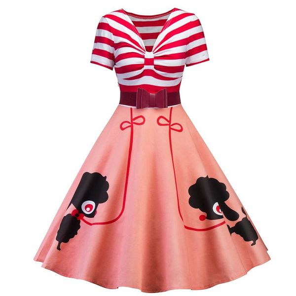 

2020 new women dress elegant vintage style stripes piecing pet dogs print bow belt for slim waist flared dress size s-2xl, Black;gray