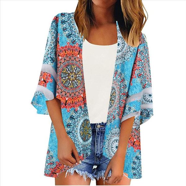 

vintage blouse women kimono mesh panel bell sleeve floral chiffon casual loose kimono cardigan mujer kimonos plus size blusa, White