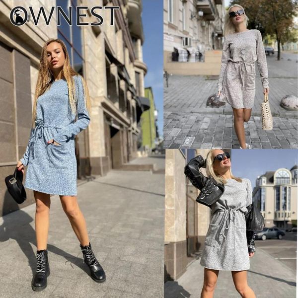 

casual dresses ownest solid blue o-neck long sleeves autumn lace up dress women pockets ladies fashion winter office vestidos, Black;gray
