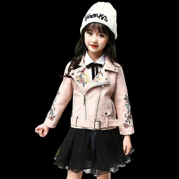 

leather jacket for girls flower embroidery children's jacket for girls fashion children outerwear spring autumn kids clothes, Blue;gray