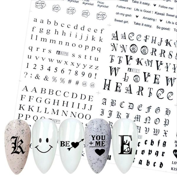 

12 design black white symbolic nail art sticker water decals english letter number nails slider words character nail accessories