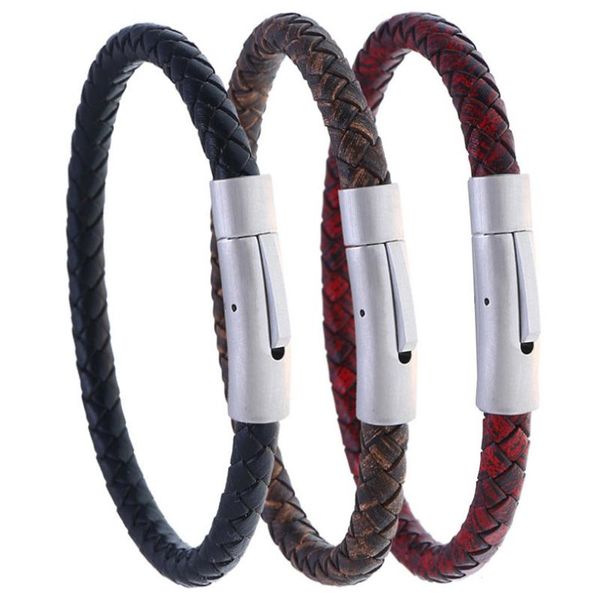 

fashion casual magnetic leather bracelet men women vintage braided simple charm stainless steel clasp bangle wristbands jewelry, Black