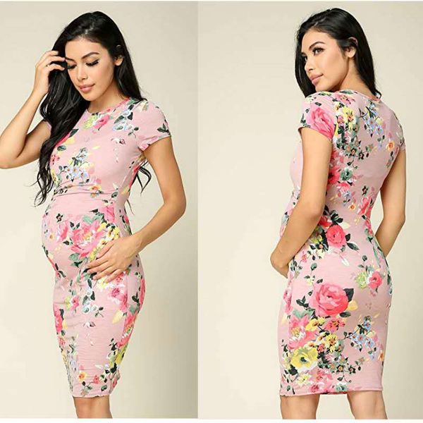 

pregnancy &maternity clothings pregnant dress summer new mom elastic tight printed round neck short sleeve pregnant dress, White
