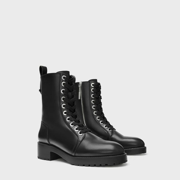 

genuine leather ankle boots women autumn winter low heels shoes fashion woman round toe lace up black boots size 35-41