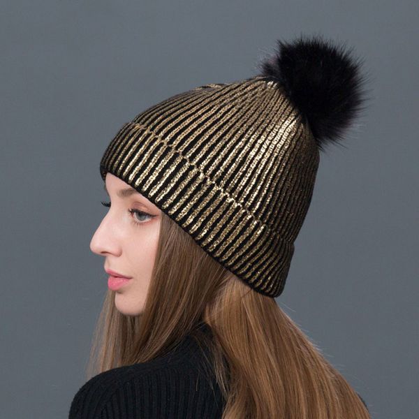 

women warm winter knit beanies caps casual fur pom hats striped fashion caps, Blue;gray