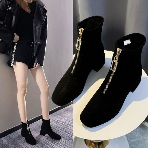 

boots black women designer shoes chunky heels ankle boottes autumn/winter suede women's heel boot