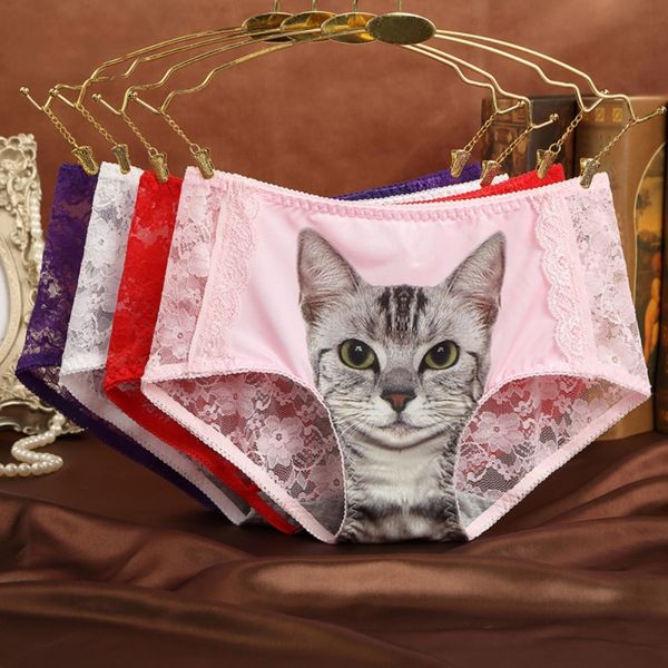 

selling women's briefs cartoon 3d cat pattern girl lace underwear cute briefs ladies underwear, White;black