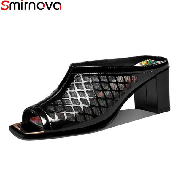 

smirnova 2020 new brand summer women slippers fashion hollow ladies shoes thick high heels square toe mules shoes, Black