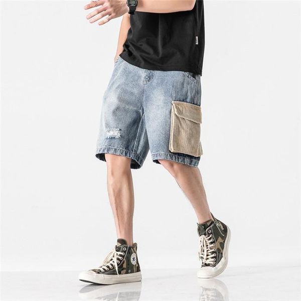

length mens splice denim shorts summer loose with pocket beach short pants male knee, White;black