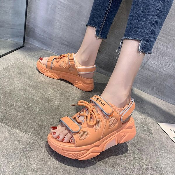 

sports sandals female summer 2020 new wild fairy wind beach shoes thick bottom increased old sandals tide z835, Black