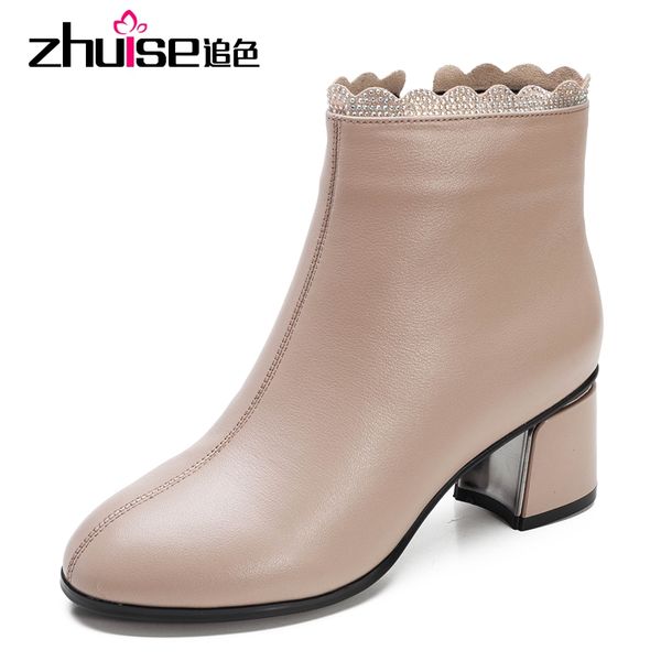 

zhuise ankle boots for women soft leather ankle boots women winter shoes square high heel shoes button and zip, Black