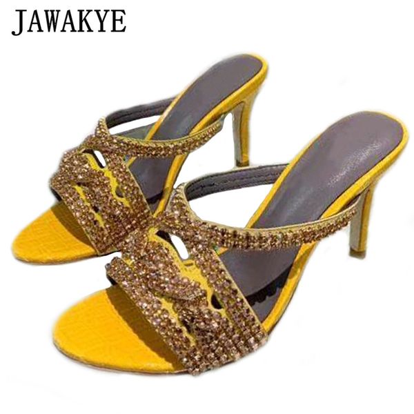 

hollow crystal high heel mules slippers women peep toe rhinestone studded stilettos party shoes chic brand summer sandals, Black