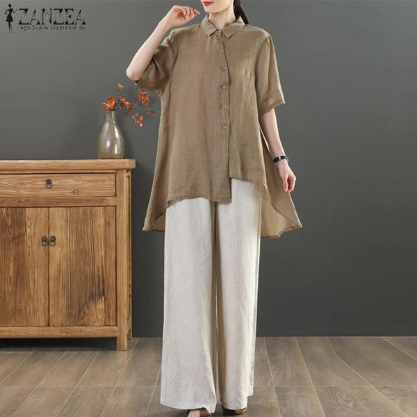 

casual lapel neck short sleeve shirt zanzea plus size women summer asymmetrical blouse chemise loose solid tunic 5xl blusas, White