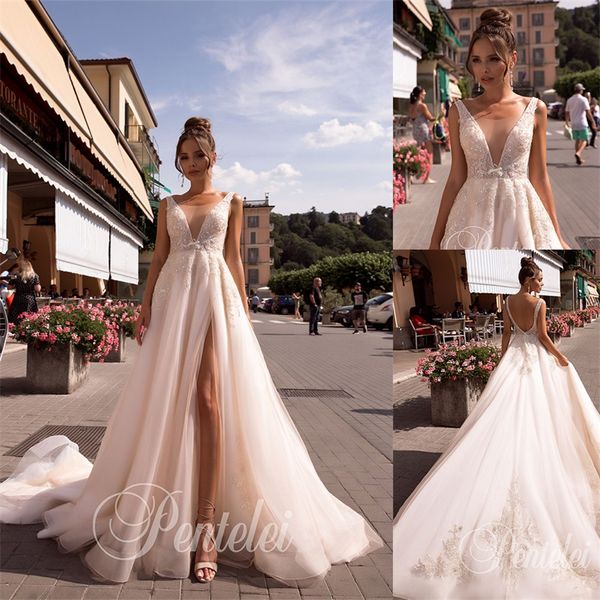 Heißer Verkauf Illusion Champagner Brautkleider Sexy High-Split rückenfreie Spitze applizierte Pailletten Kapelle Brautkleid nach Maß Vestidos De Novia