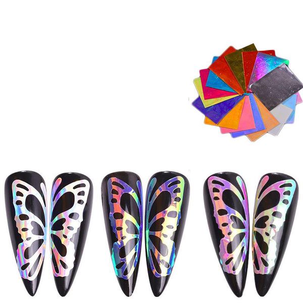 

laser colorful nail art sticker 3d butterfly fire flame leaf holographic nail foil stickers decals diy glitter decorations, Black