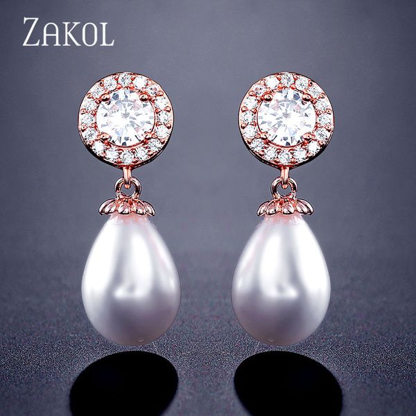 

dangle & chandelier zakol fashion round zirconia earring shinng teardrop pearl bridal earrings rhinestone women lady party jewelry fsep2524, Silver