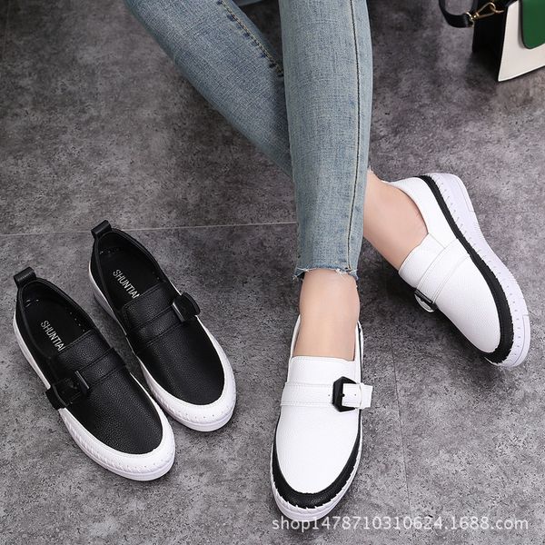 

mixed colors platform shoes woman leather moccasins buckle strap espadrilles loafers women thick bottomed flats students shoes, Black