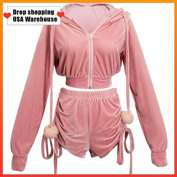

oushang casual womens girls zipper sweater hoodie long sleeve hoodies+high wait shorts sets autumn 2pcs sports clothing suit, Gray