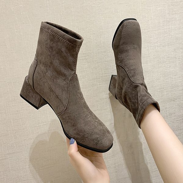 

flock slim leg botines mujer plush square toe riding bottes sewing slip on booties chunky med high heels fashion boots women2020, Black
