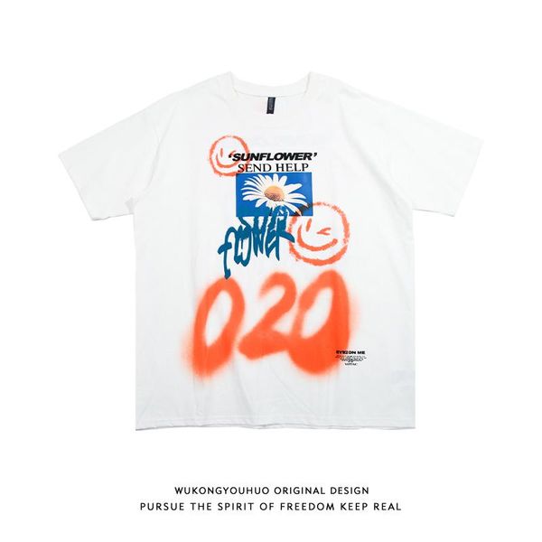 

trendy wukong stock ins graffiti printed short-sleeved t-shirt mens popular brand hip hop daisy loose lazy wind couple short0262, White;black