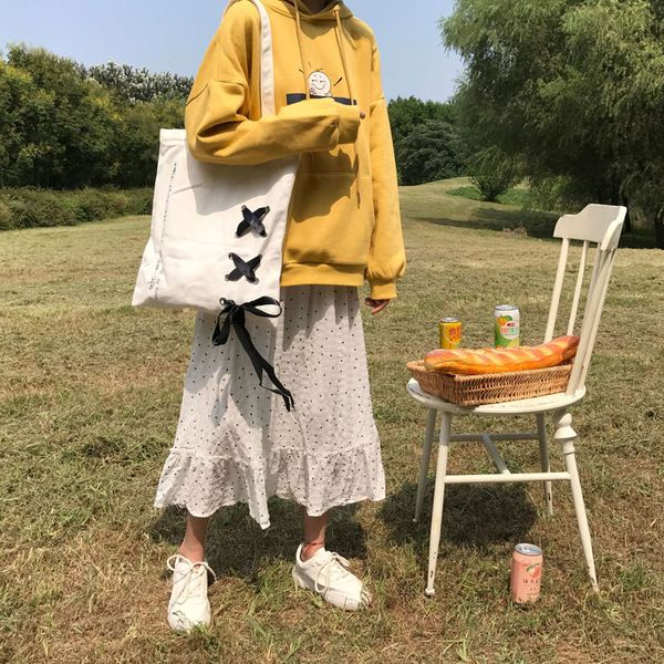 

solid color ribbon bow canvas shoulder bag student bags