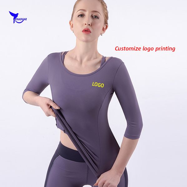 

custom logo 3/4 sleeve quick dry elastic yoga shirts women cross back fitness gym sportswear femme running t shirt jersey, White;red